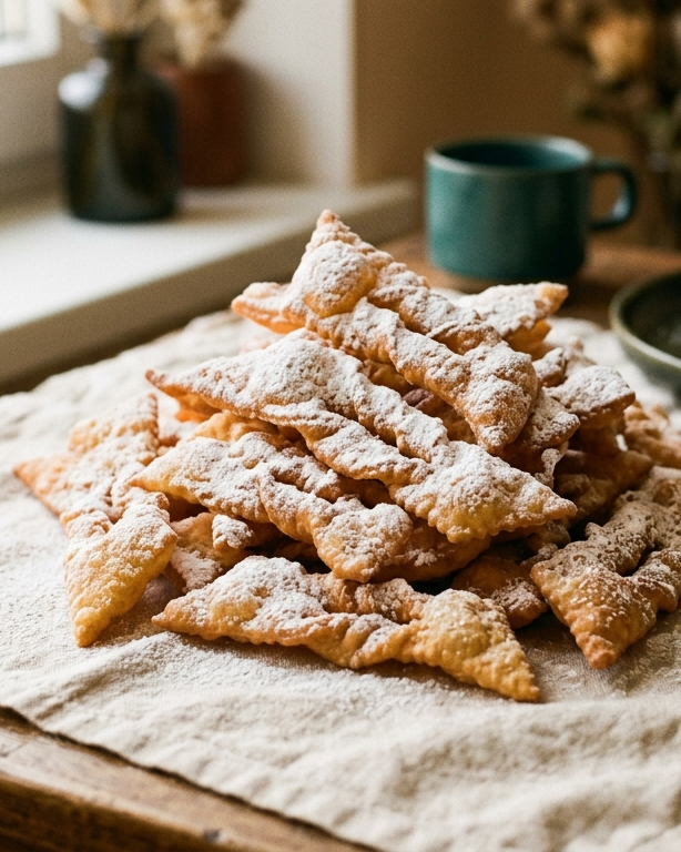 Chrusciki, fried bow-tie pastries piled high under a heavy dusting of powdered sugar.
