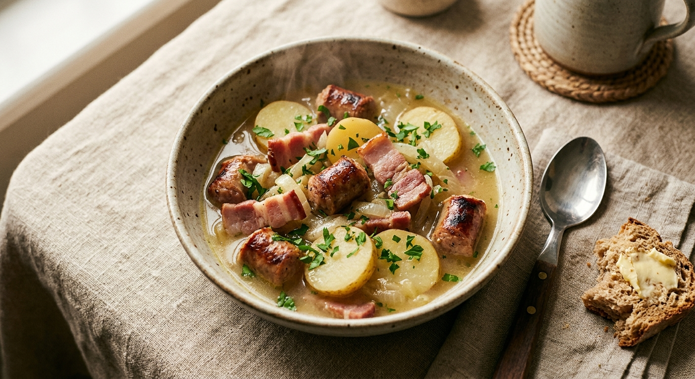 A rustic bowl of Dublin coddle — sliced sausages, bacon, and potatoes in a pale savory broth, steam rising, on warm linen.