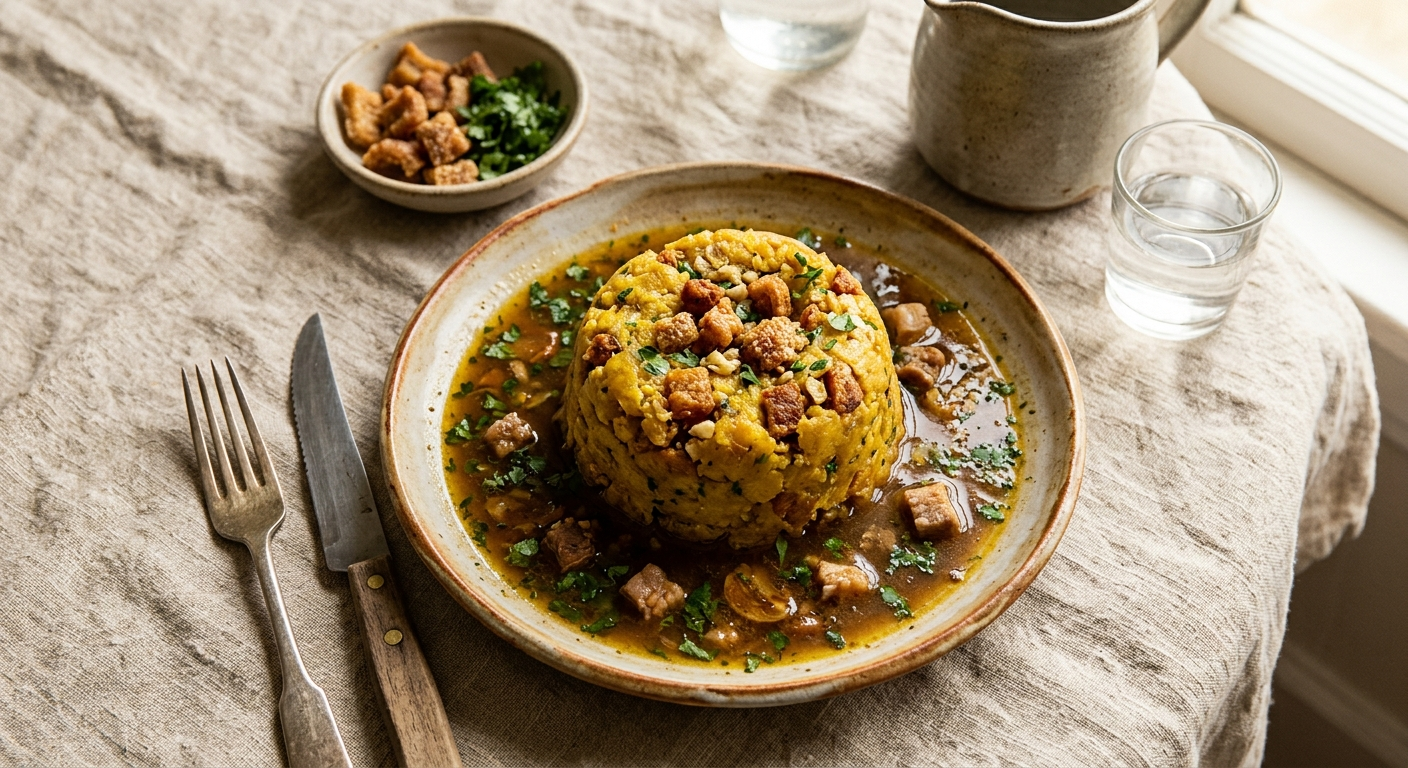 A mound of golden Puerto Rican mofongo with crisp pork cracklings in a savory broth, on warm linen.