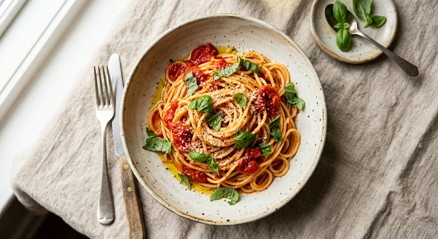 A rustic plate of Italian spaghetti in a bright tomato sauce with fresh basil and a glisten of olive oil, on warm linen.